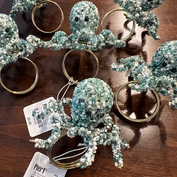 Pier 1 Green and White Beaded Octopus Napkin Rings (6) - Picture 1 of 4